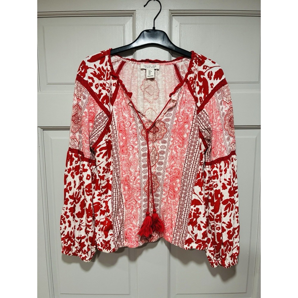 Rachel Zoe Boho Peasant Blouse Red Pink Mixed Floral Paisley Tassel Top Women L